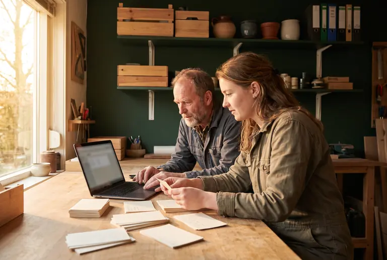 Illustratieve werkscène: ondernemers ordenen hun kennis en bekijken die op een laptop