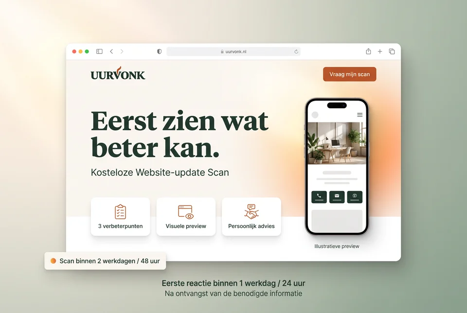 Illustratieve UURVONK Website-update Scan met drie verbeterpunten, een visuele preview en persoonlijk advies