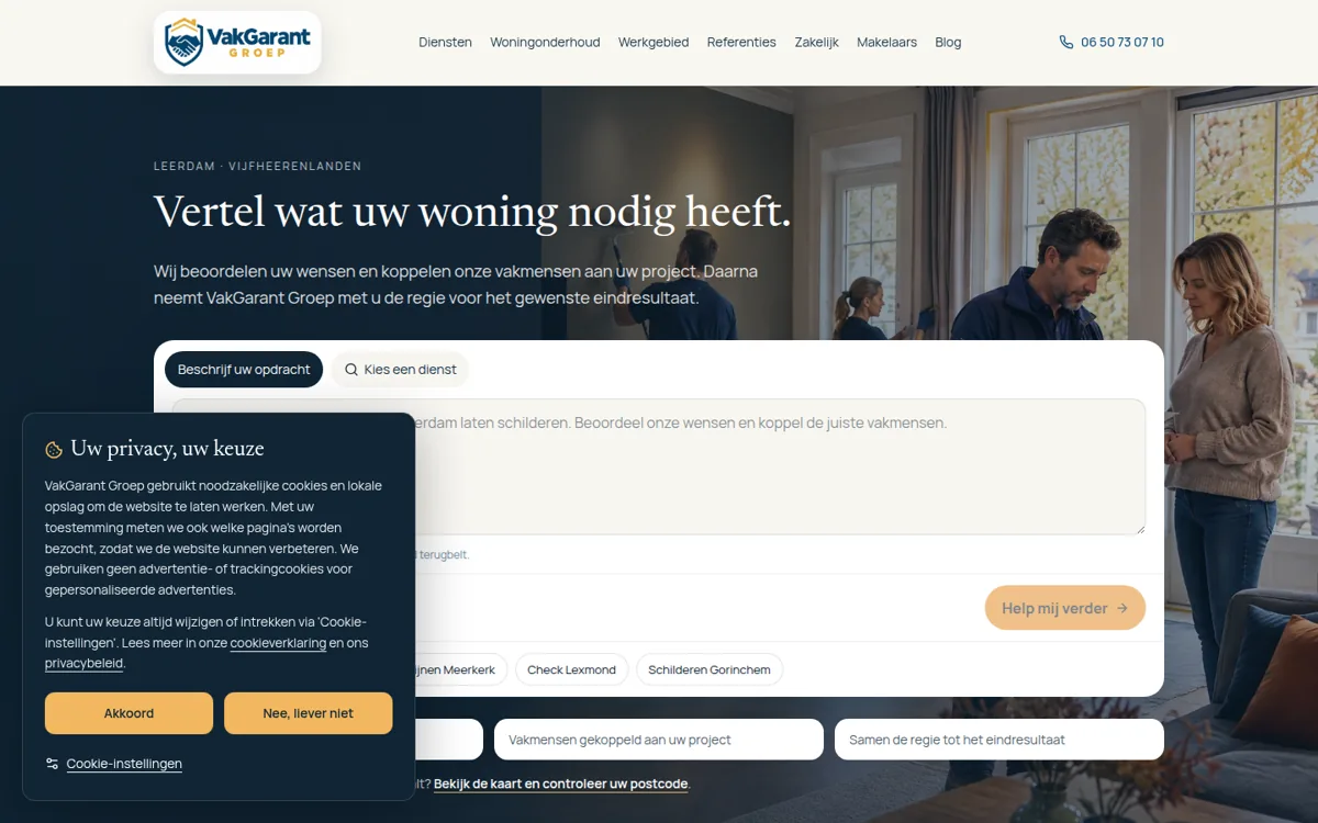 Actuele desktopweergave van de VakGarant Groep-homepage met woningprojecten, diensten en aanvraagroute