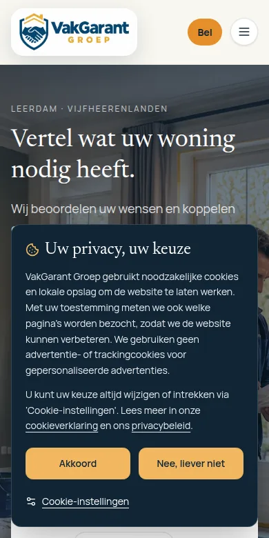 Actuele mobiele weergave van de VakGarant Groep-site met zichtbare contactroute