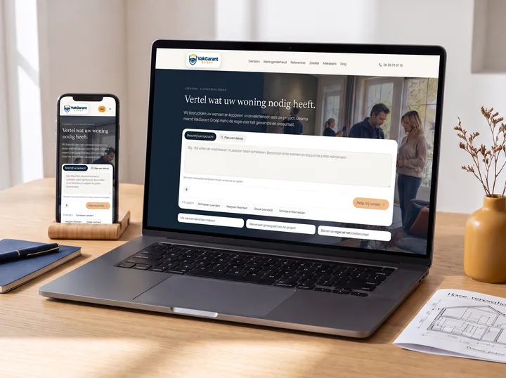 Visuele impressie van de VakGarant Groep-website op laptop en smartphone