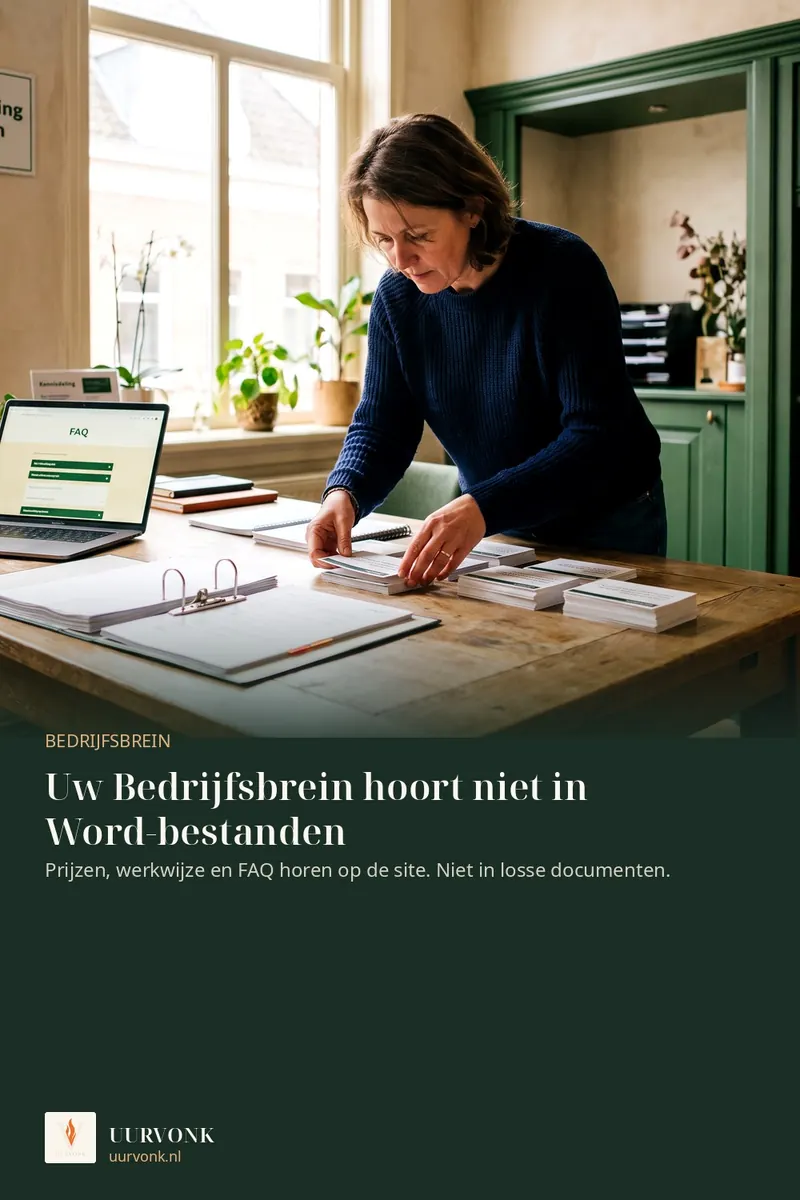 Een ondernemer ordent kenniskaarten en een catalogus naast een laptop