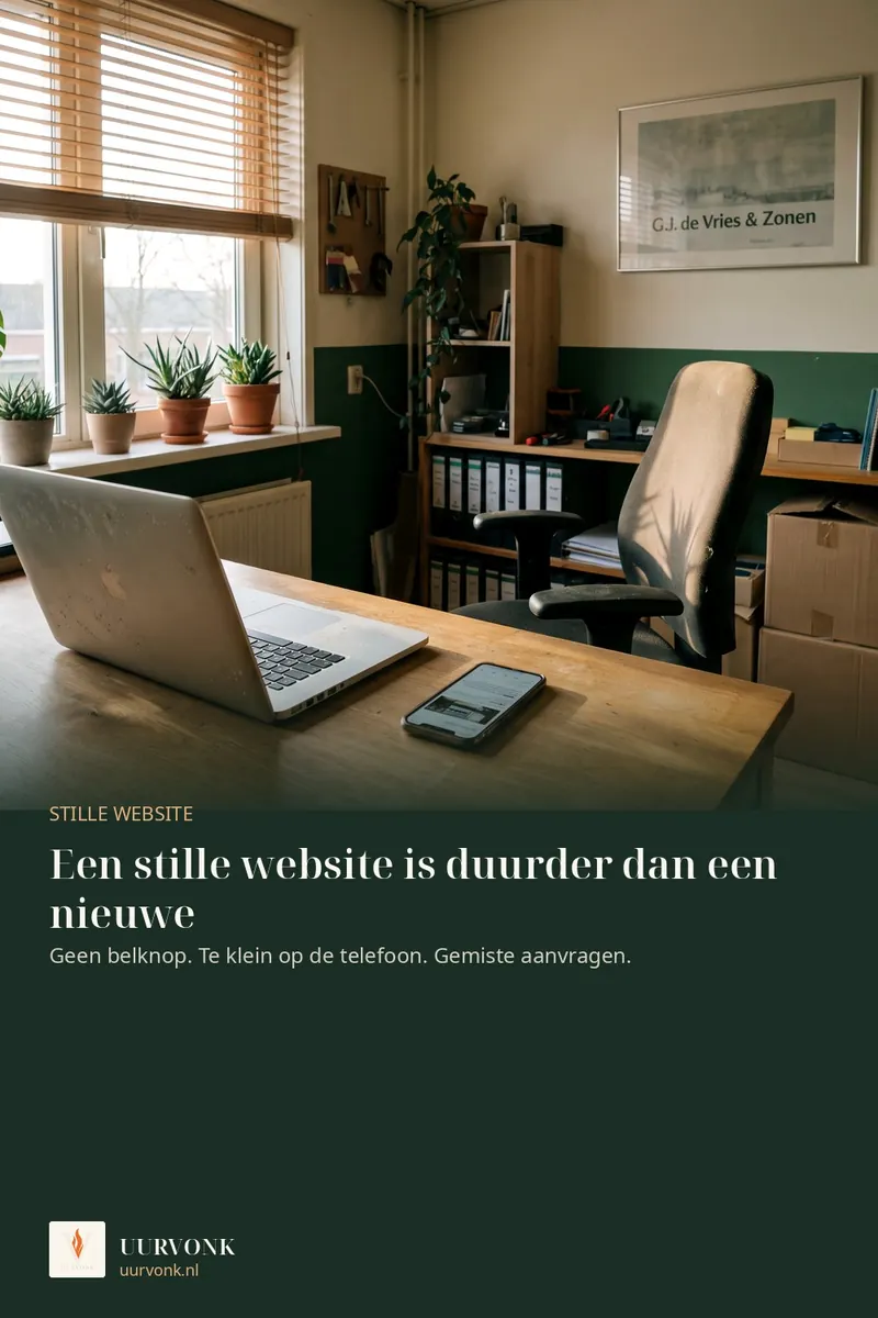 Een verwaarloosd kantoorhoekje met een oude laptop en een telefoon waarop de site nauwelijks te lezen is