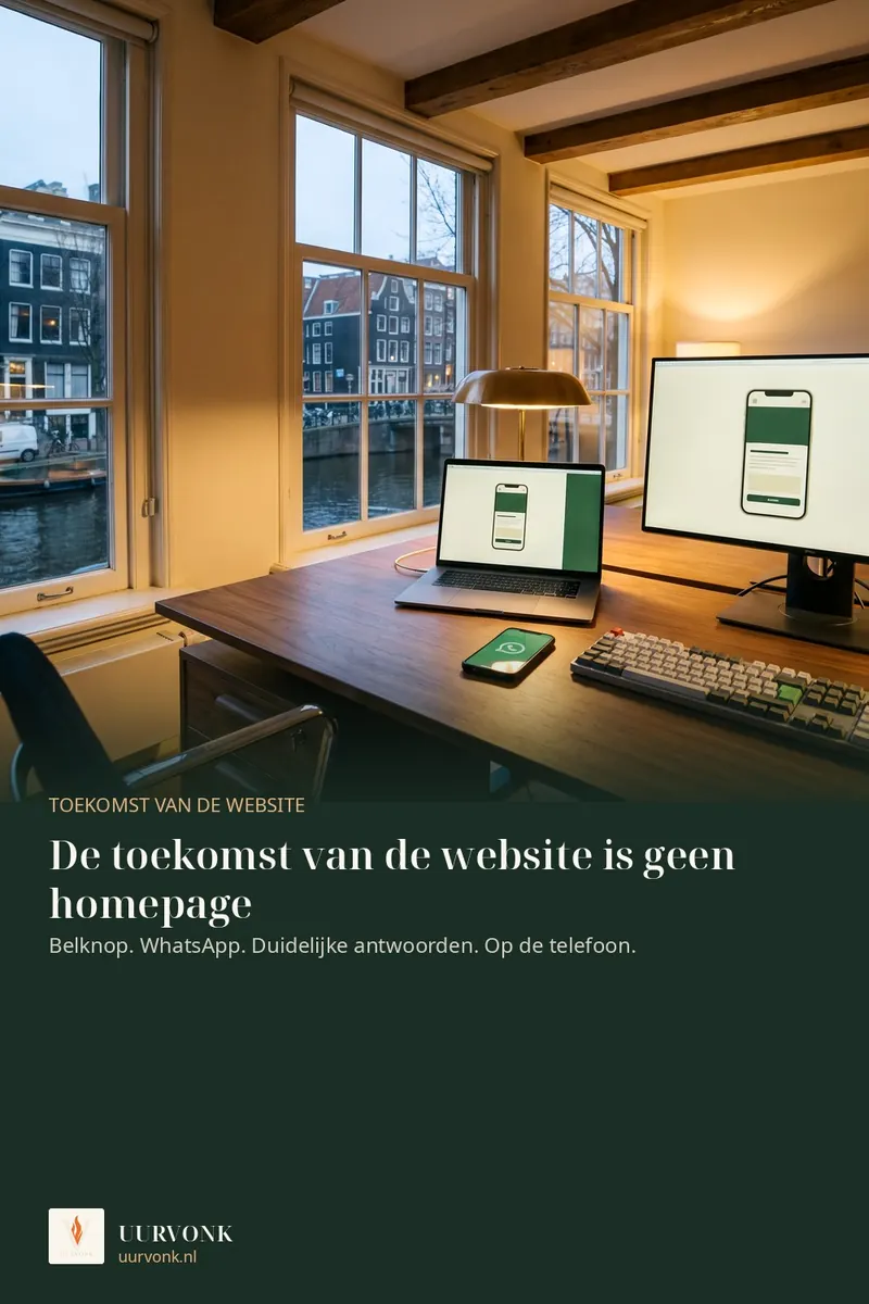 Een rustig kantoor met laptop, groot scherm en telefoon naast een moderne website